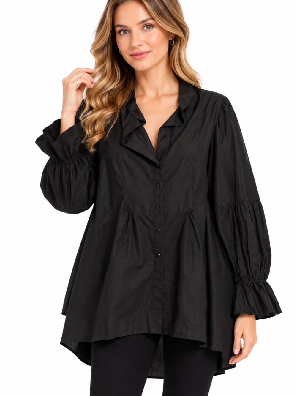 Style Paris by Susan Sutherland Black Ruffle Sleeve Tunic Blouse Made in France